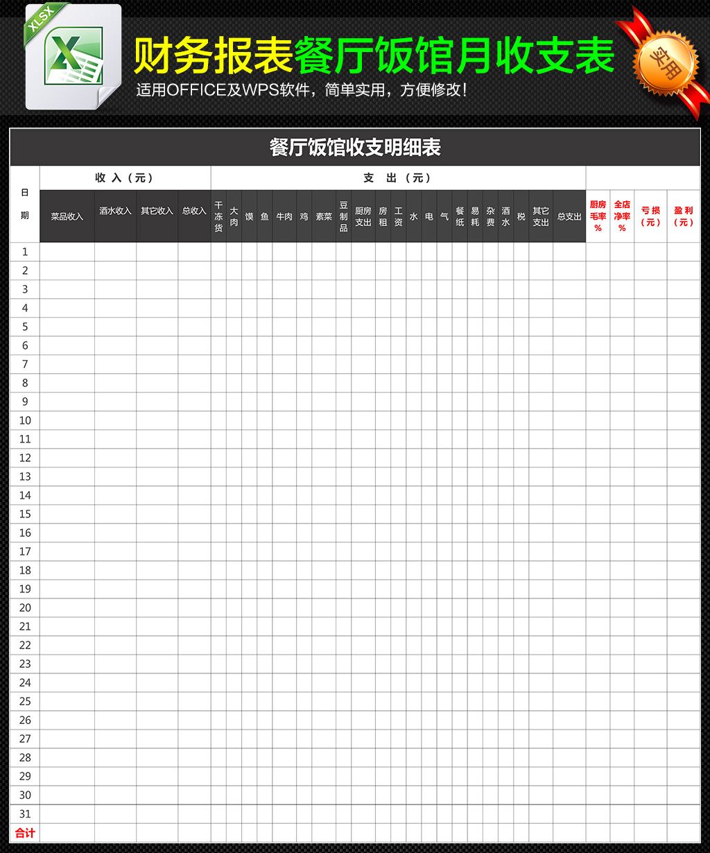 餐厅饭店财务日常收支明细表月报表下载-编号16674015-记账表-我图网