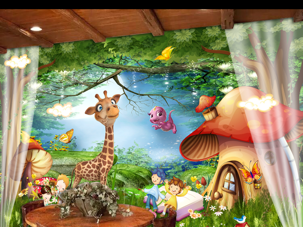 唯美卡通背景墙梦幻森林小孩房壁画