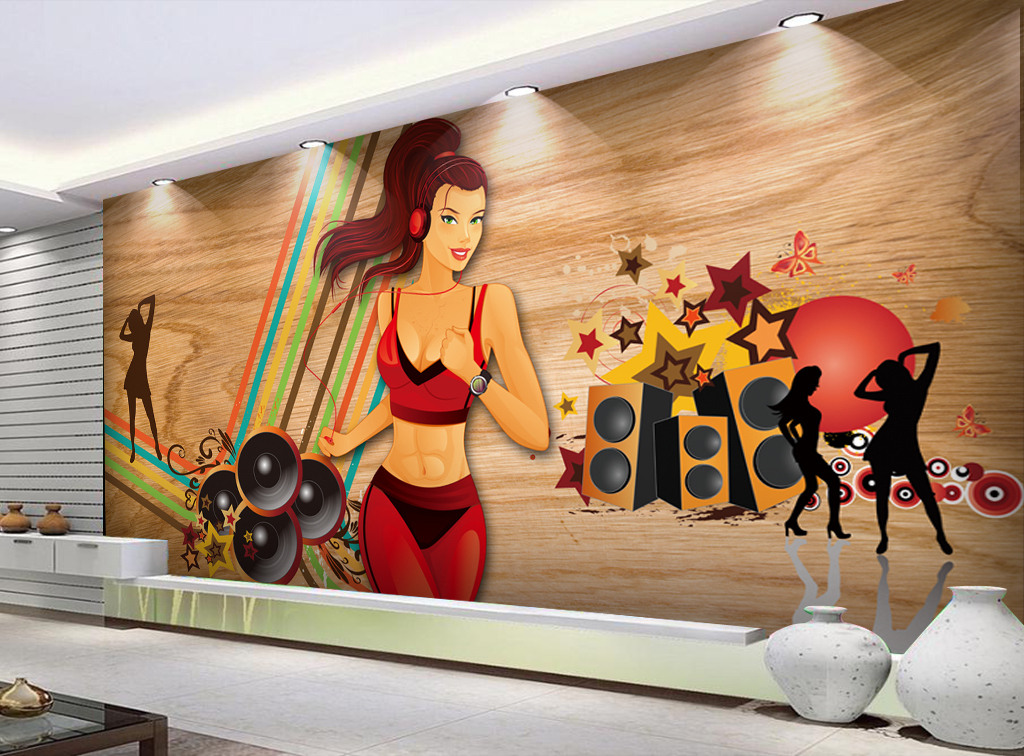 复古音乐手绘美女迪厅KTV工装背景墙