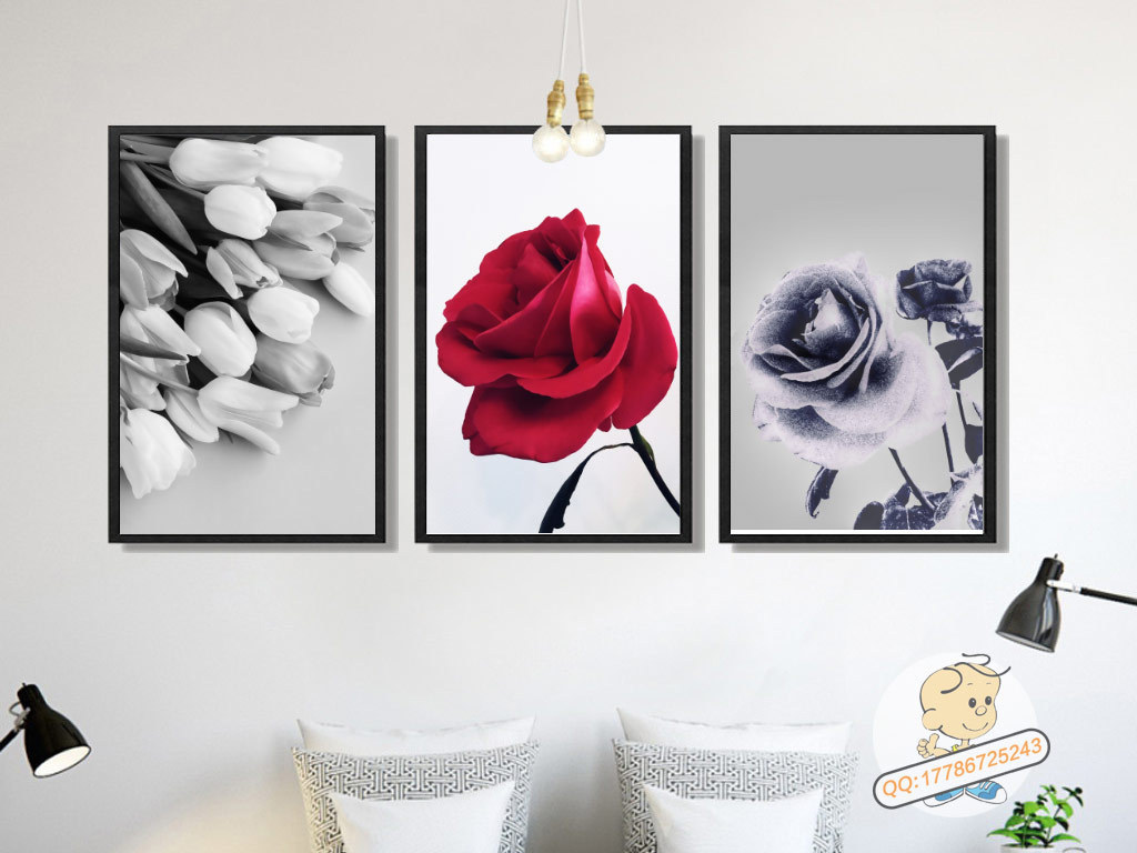 简约黑白玫瑰清新三联装饰画时尚北欧
