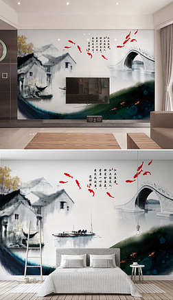 新中式江南水乡水墨背景墙壁纸壁画