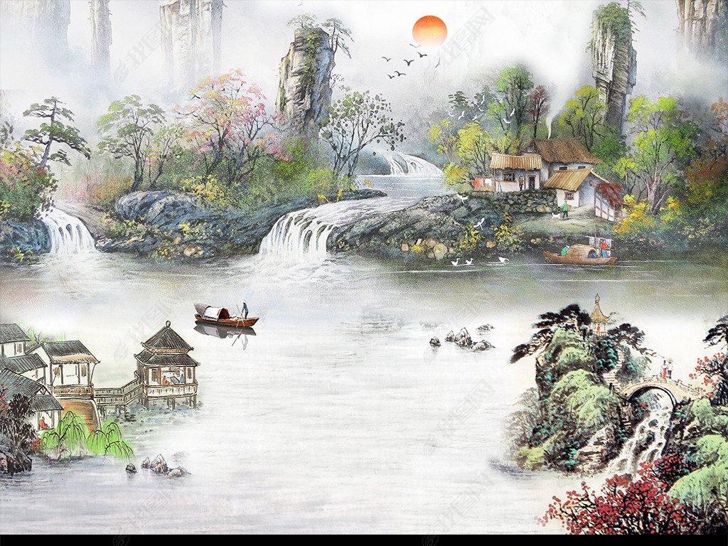 原创新中式世外桃源人间仙境国画山水瀑布背景墙