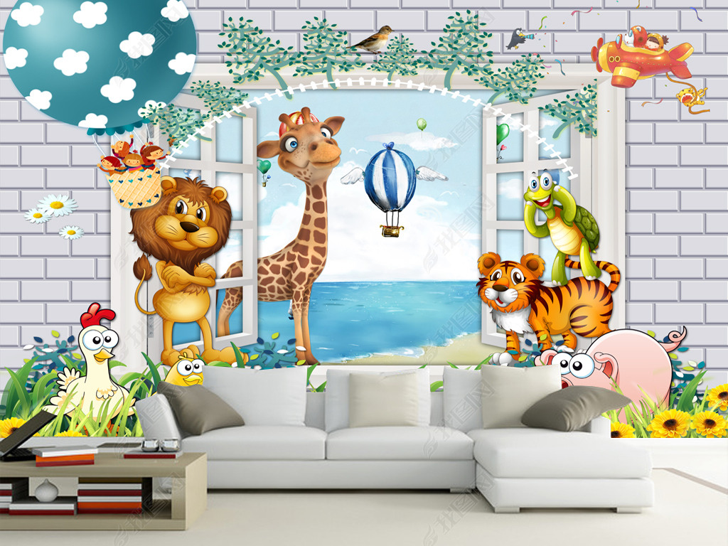 3d卡通儿童房动物乐园唯美小孩房壁画