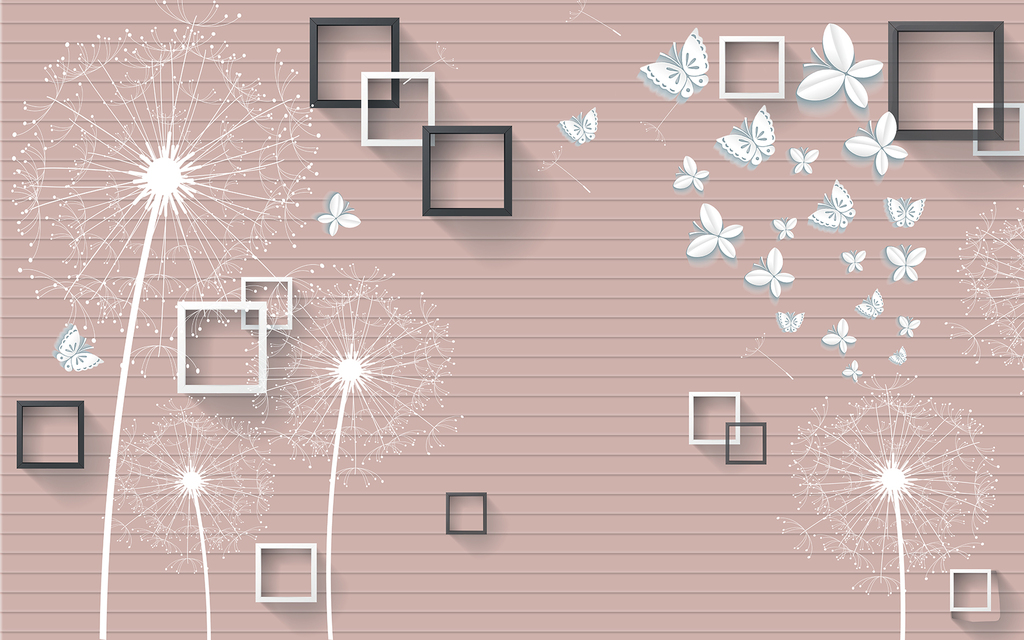 手绘蒲公英蝴蝶粉色背景墙