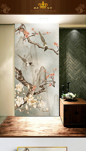 新中式喜上眉梢玄关背景墙