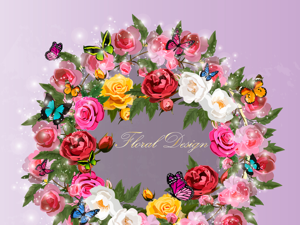 彩色玫瑰花花环和蝴蝶矢量素材光晕欧式田园