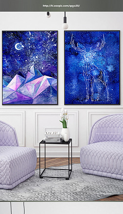 北欧抽象星空山峰麋鹿无框装饰画