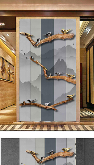 新中式浮雕金色树枝小鸟玄关背景墙