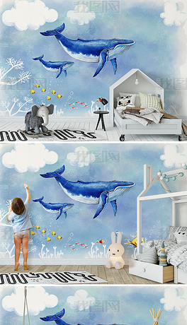 手绘卡通海底天空鲸鱼背景墙装饰画