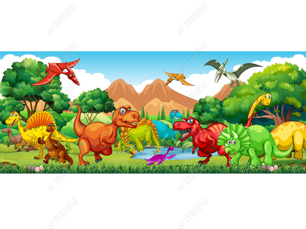 卡通可爱侏罗纪恐龙森林工装背景墙