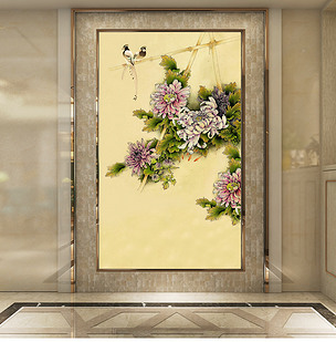 原创工笔菊花玄关屏风壁画版权可商用