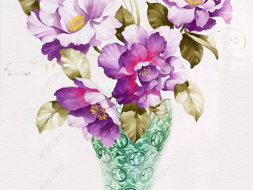 简约手绘水彩花卉花瓶现代客厅挂画装饰画