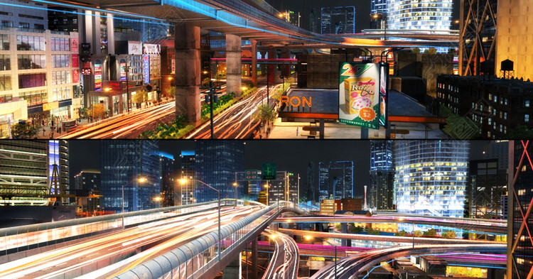 3D未来市中心商圈高架桥交通道路夜景模型