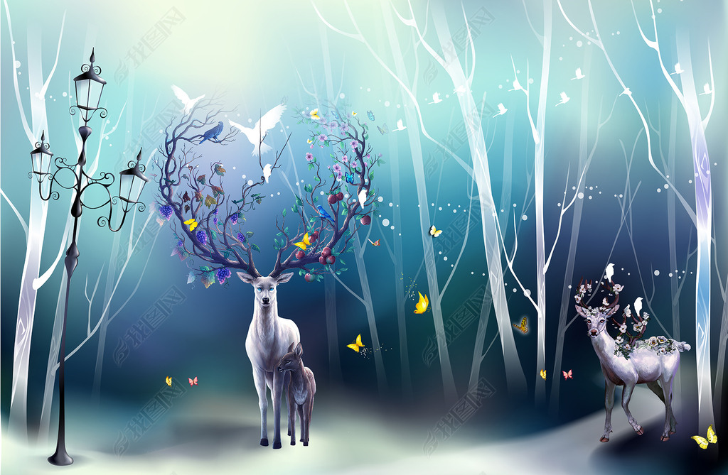 原创梦幻抽象树林麋鹿背景墙