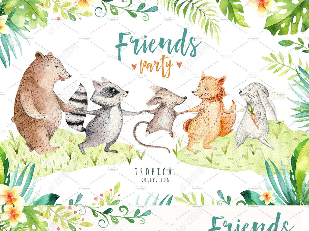 手绘水彩小动物插画海报psdpng素材