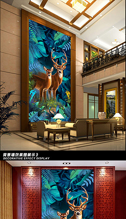 森林麋鹿热带雨林大型意境玄关背景墙装饰画