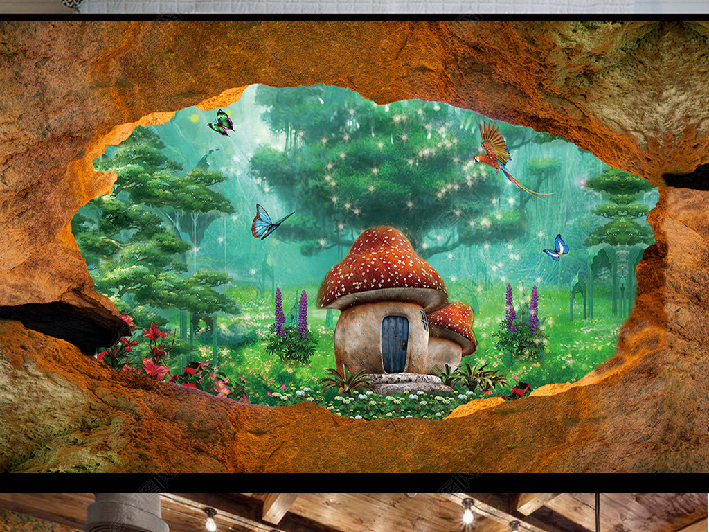 复古梦幻仙境森林3d三d立体大型背景墙