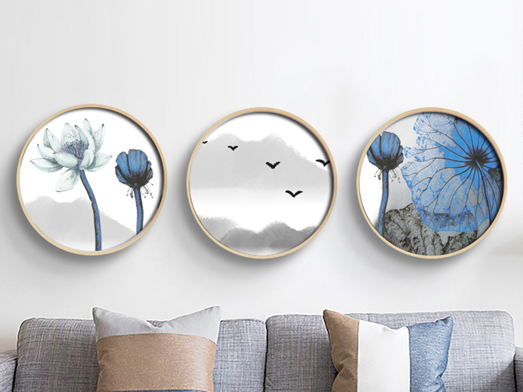 中式水墨荷花圆形装饰画