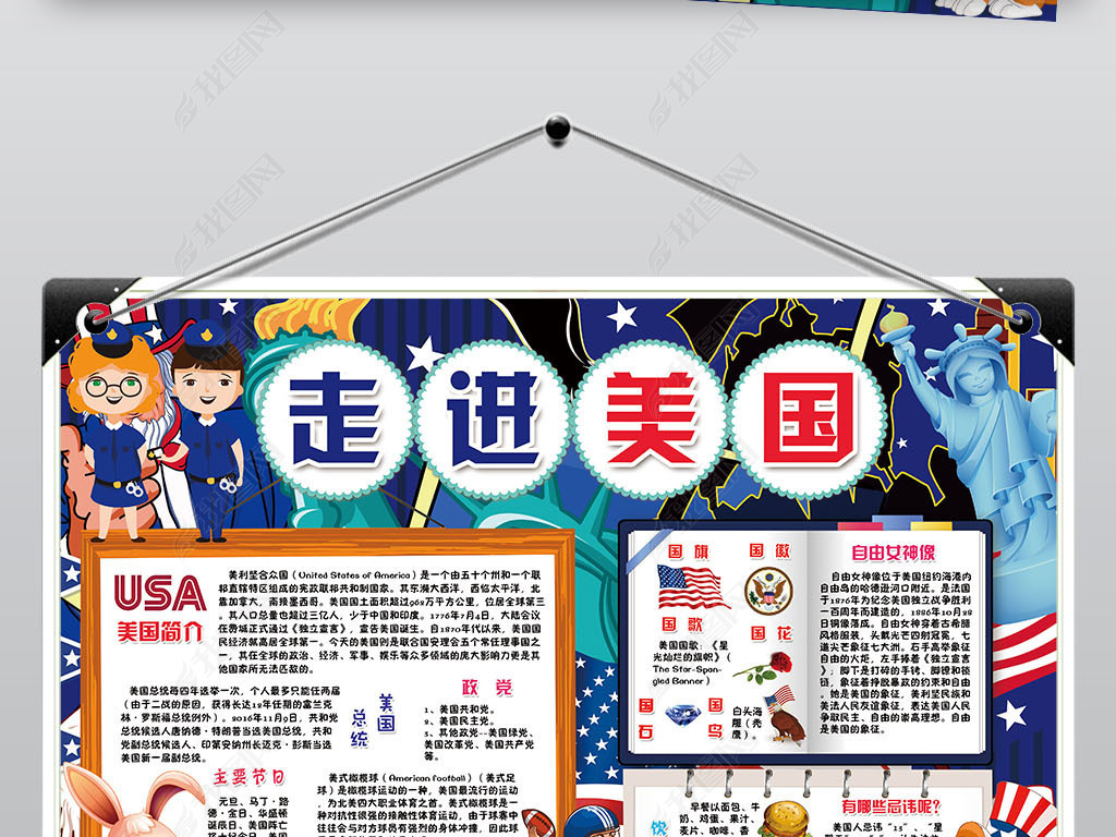 原创美国小报北美洲旅游城市地理手抄报小报素材版权可商用