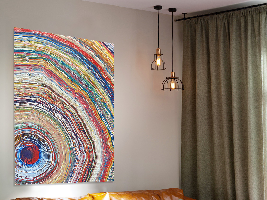 美式现代红色黄色蓝色条纹肌理抽象装饰画