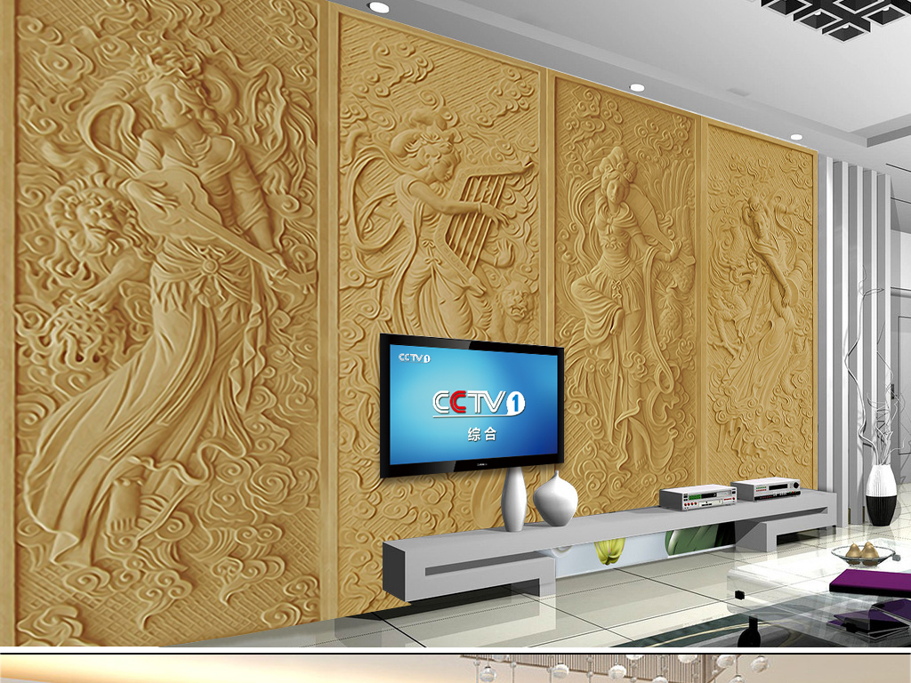 中式古装美女砂岩浮雕背景墙3D背景墙壁画