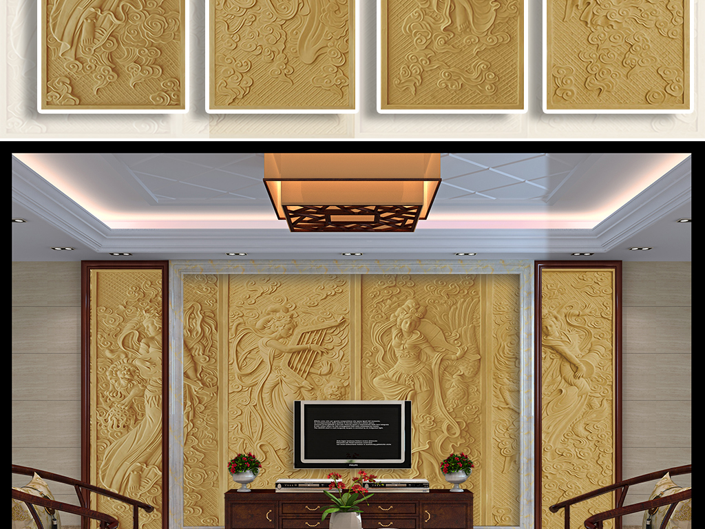 中式古装美女砂岩浮雕背景墙3D背景墙壁画