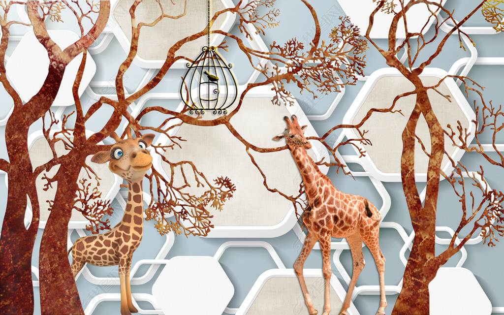 3d长颈鹿简约树纹立体电视背景墙壁画