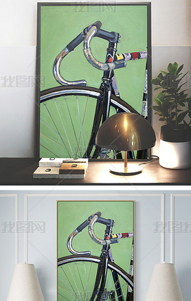 美式复古自行车绿色背景绘画装饰画无框画