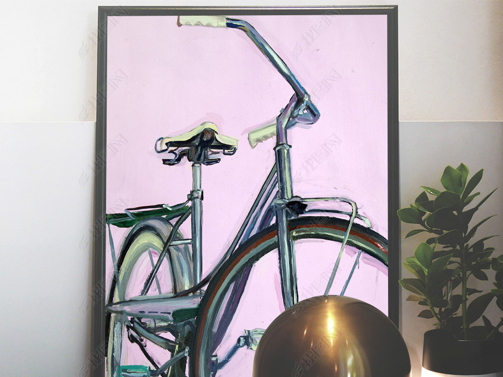 粉色背景蓝色自行车绘画装饰画