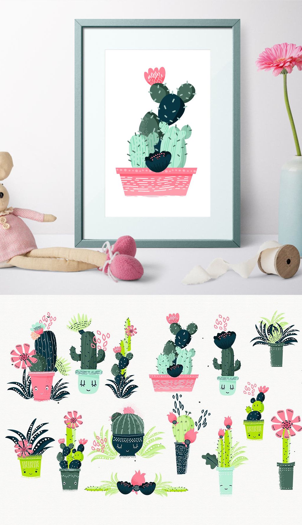 矢量北欧清新手绘卡通仙人掌装饰画无框画下载-编号16877009-植物花卉