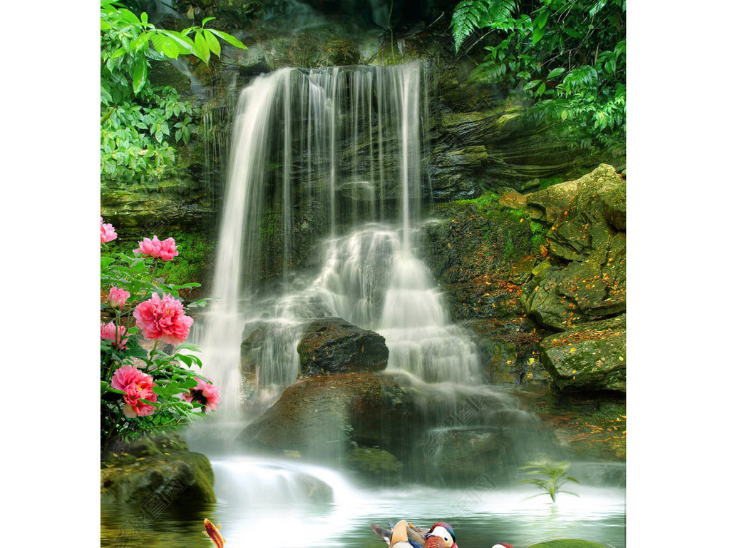 瀑布流水生财鲤鱼荷花玄关背景墙装饰画