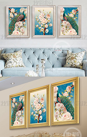 欧式复古孔雀花卉极品高清手绘三联装饰画