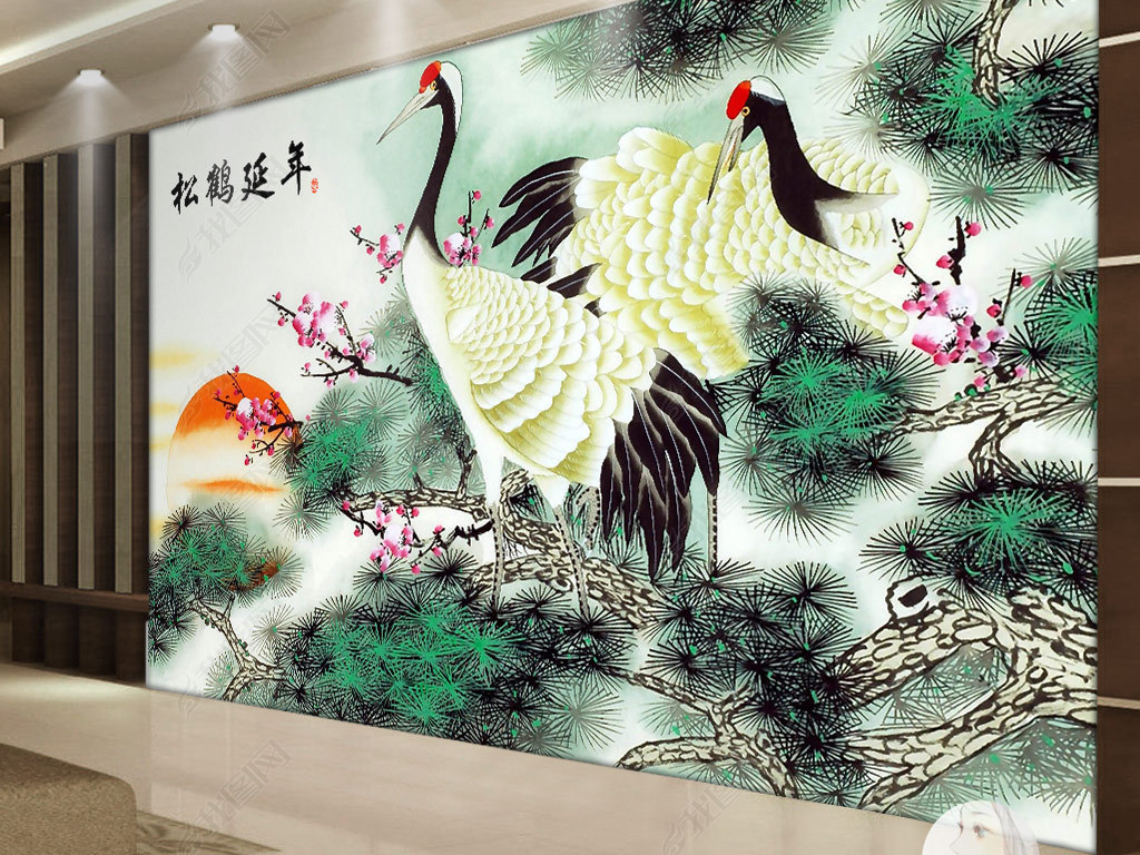 松鹤延年中国风古典电视背景墙壁画