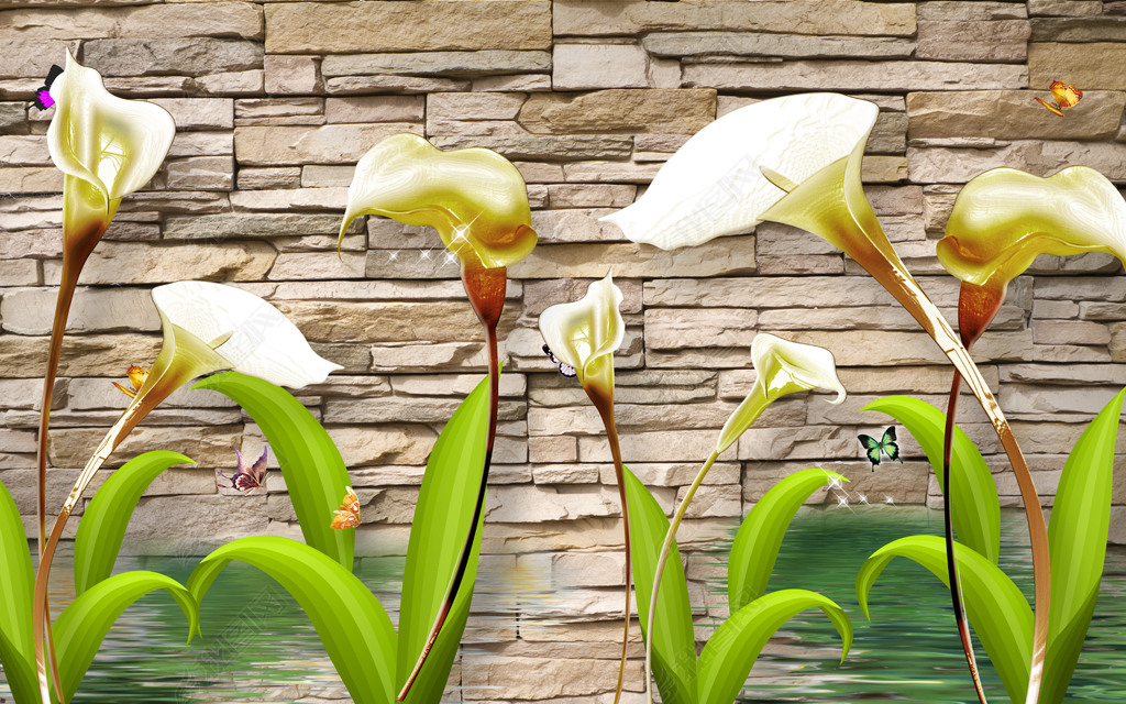 3d复古砖墙花朵背景墙电视墙壁画