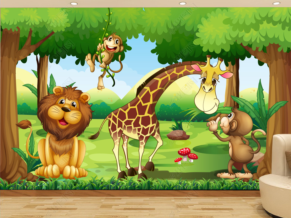 儿童房墙纸壁画3d长颈鹿贴画卡通动物背景