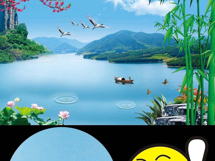 时尚中式山水风景电视背景墙壁画鸟语花香