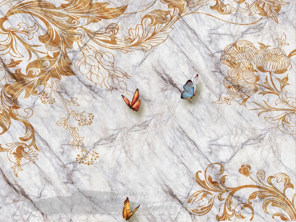 原创欧式花纹奢华大理石蝴蝶大理石纹背景墙