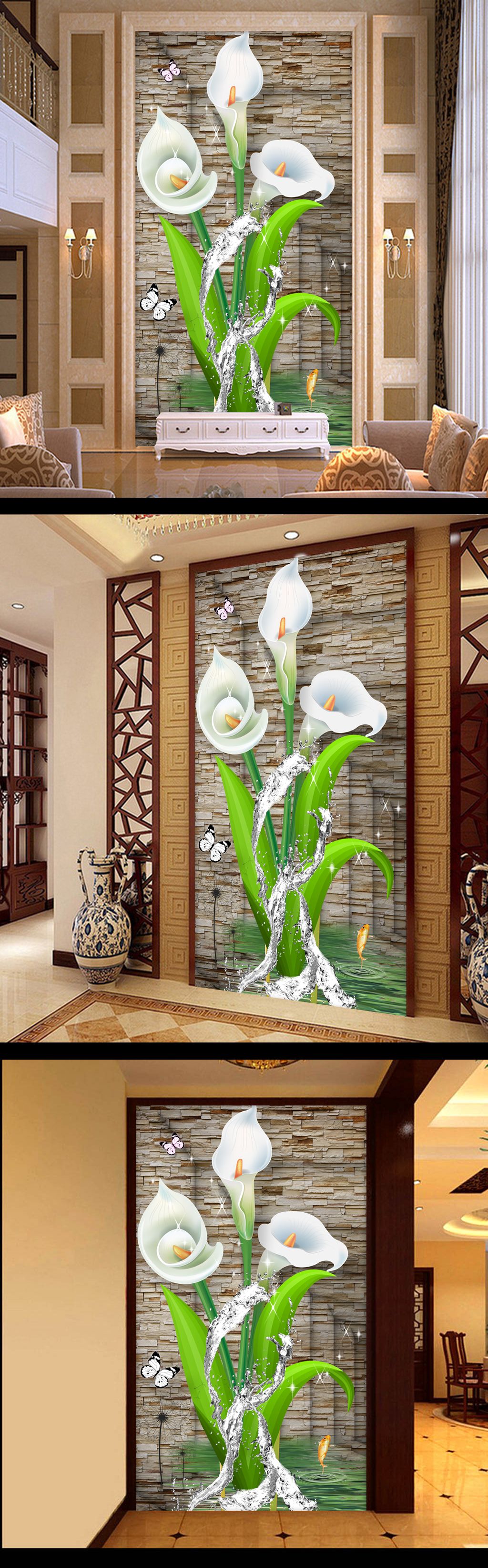 3d复古砖墙马蹄莲水中花朵玄关壁画下载-编号16978113-3d玄关-我图网