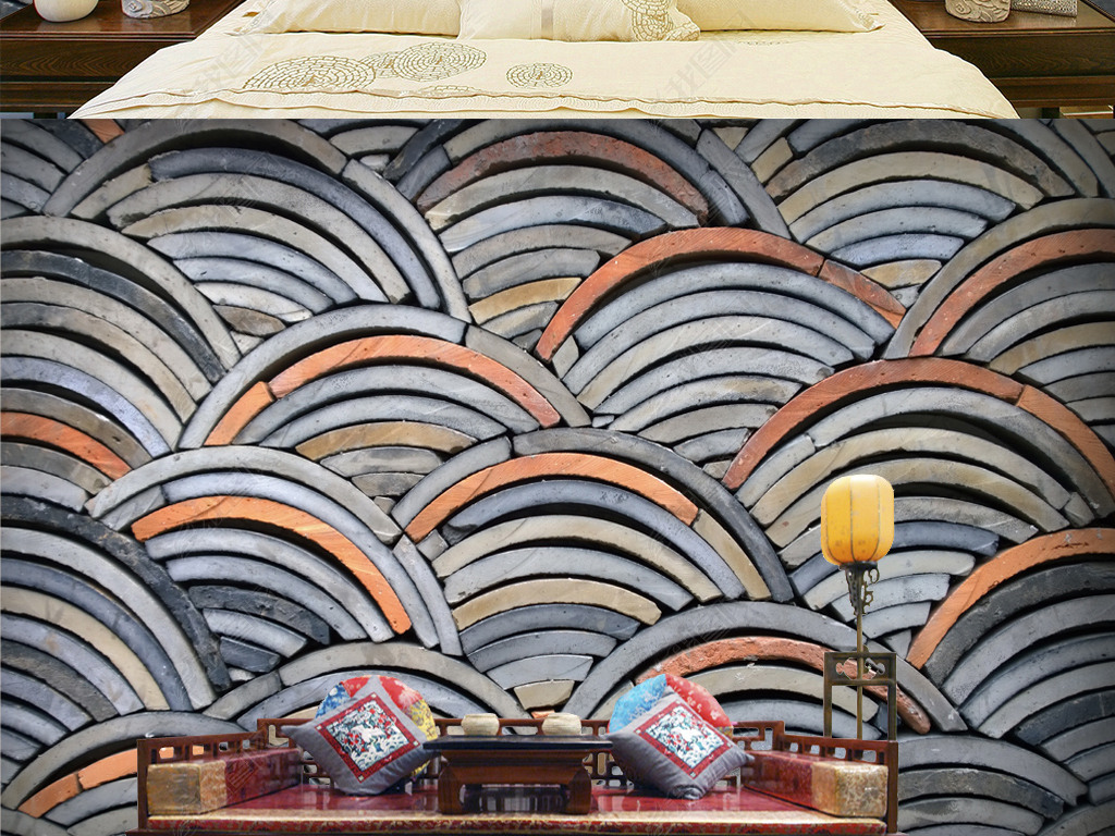 新中式复古瓦片意境装饰背景墙