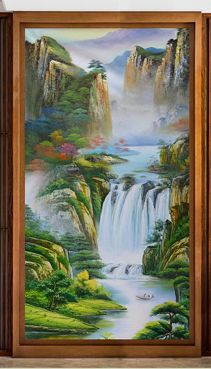 流水生财手绘山景中式油画艺术玄关