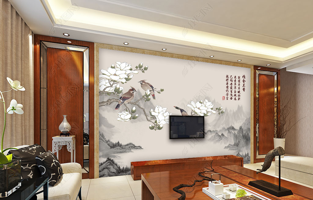 中式复古玉兰花鸟电视背景墙