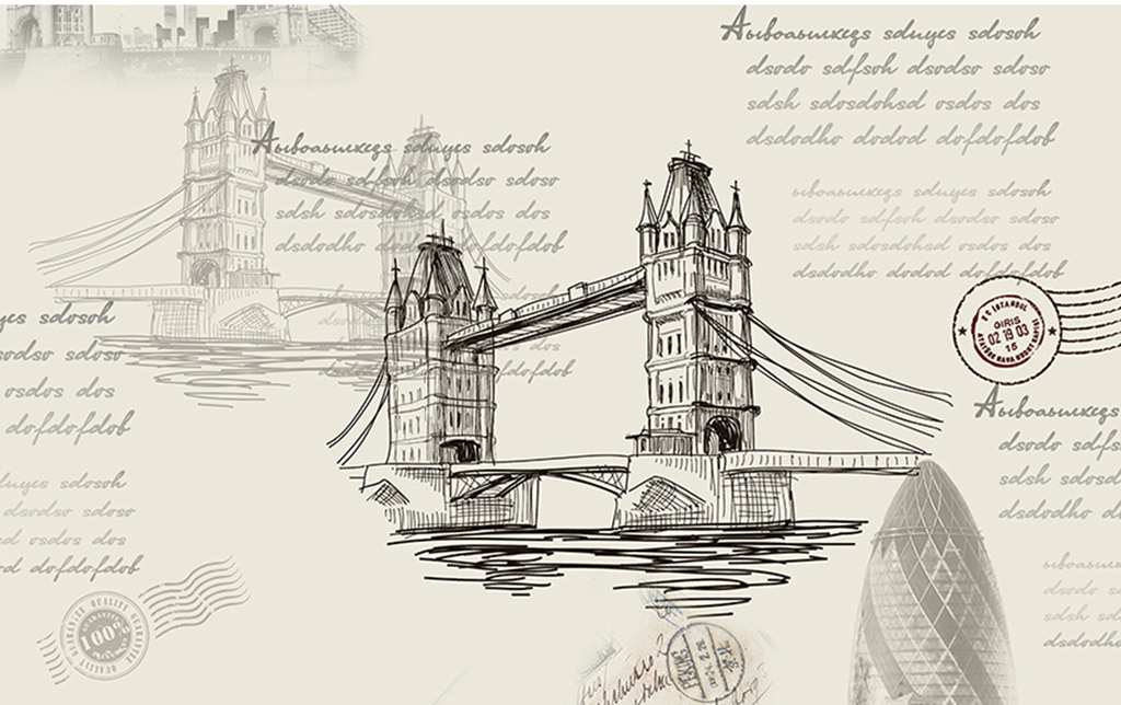 复古英文伦敦桥邮票背景墙