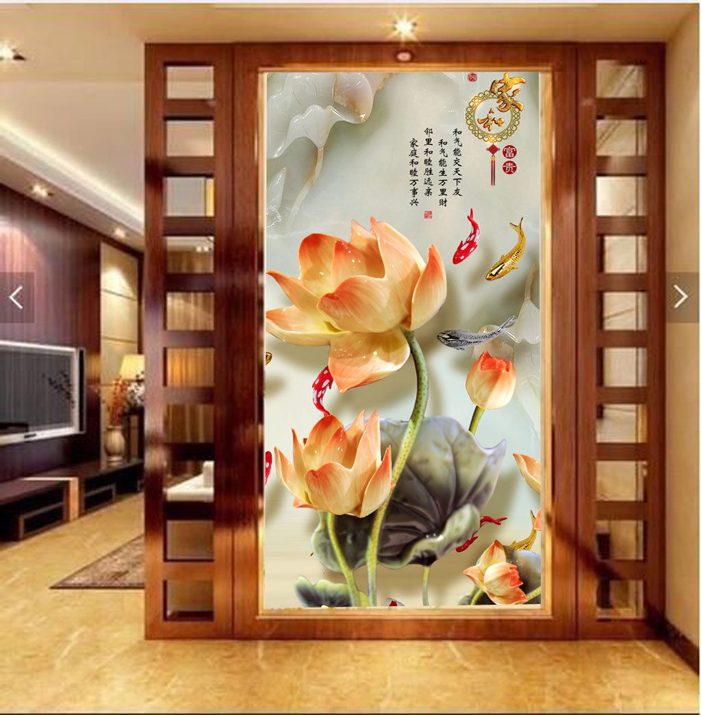 新中式玉雕荷花九鱼戏水家和富贵玄关背景墙素材简介我图网提供新中式