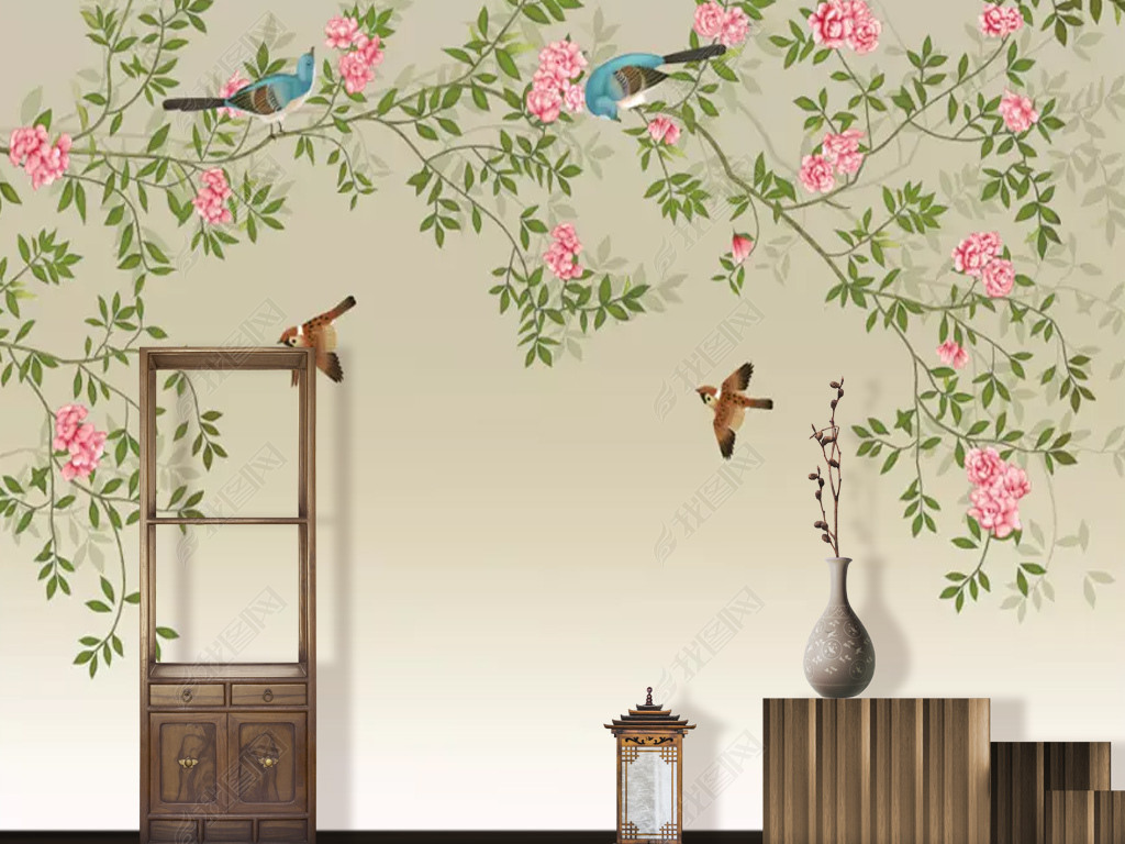 高清中式手绘花鸟电视背景墙壁画
