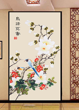 鸟语花香中式玄关背景墙