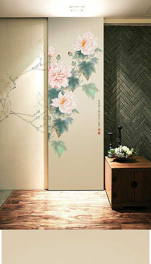 新中式玄关手绘花鸟装饰画复古工笔画玄关