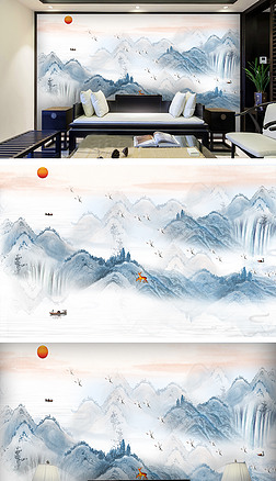 流水生财聚宝盆蓝色意境山水画新中式背景墙