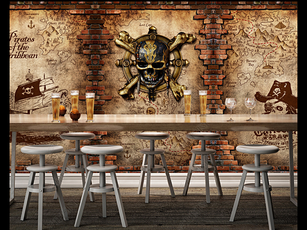 欧美复古海盗船酒吧咖啡厅背景墙