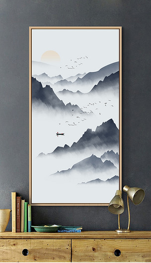 现代新中式意境水墨山水画玄关背景墙装饰画2