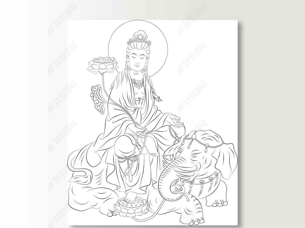 原创高清线描白描线勾普贤菩萨装饰画版权可商用